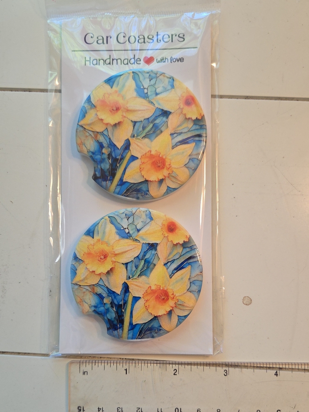 Handmade Daffodil Floral Car Coasters - Yellow & Blue